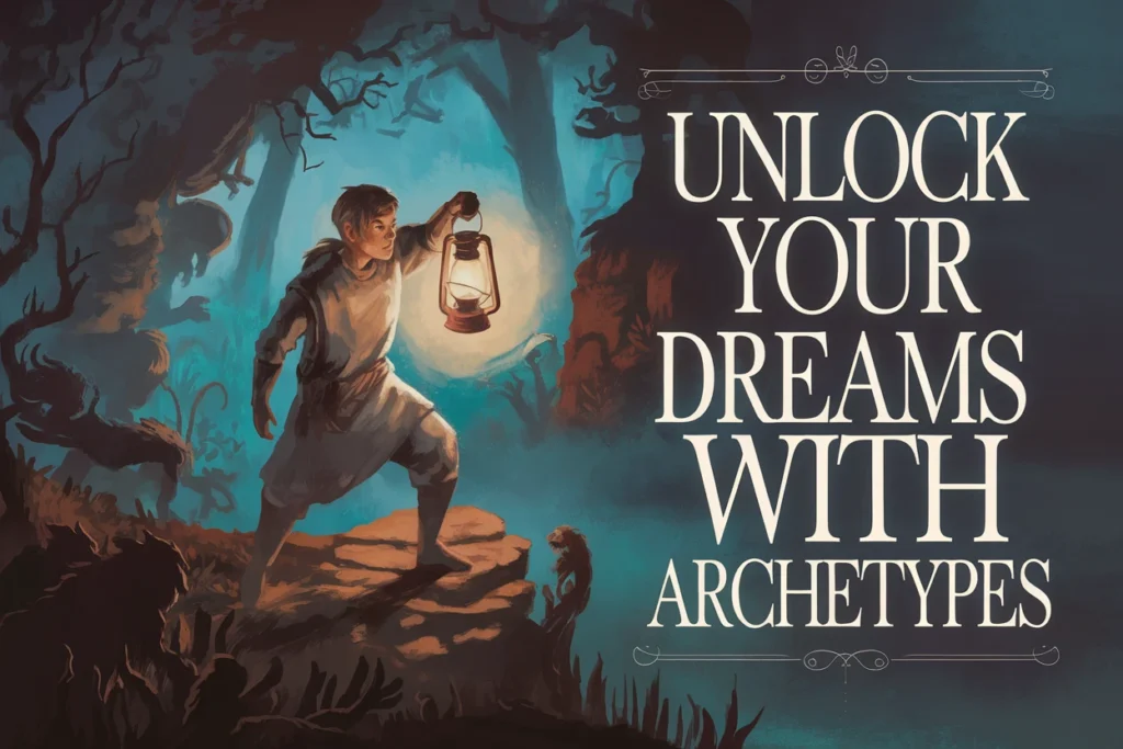 A brave figure holding a lantern stands at the edge of a misty forest. They are dressed in simple armor, looking determined and ready for the unknown. Shadows and mythical creatures surround them, representing the fears and obstacles ahead. The atmosphere feels mystical, showing the Hero’s courage and inner journey.