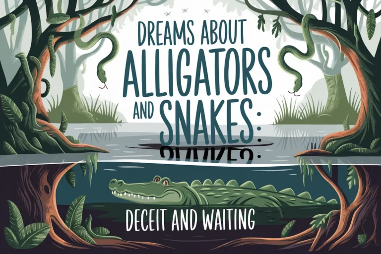 Swamp scene with an alligator under the water and snakes hanging from the trees. Text reads "Dreams about alligators and snakes: deceit and waiting"